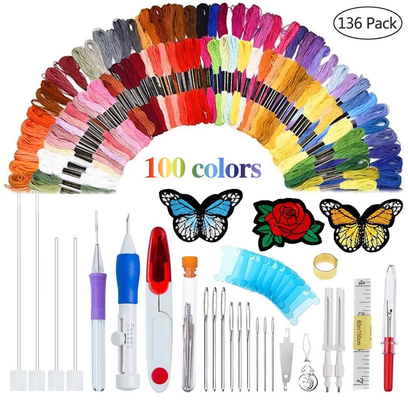

136Pcs Embroidery Pen Punch Needle Kit Embroidery Patterns Craft Accessories Tool 100pcs Threads For DIY Sewing Knitting Tools