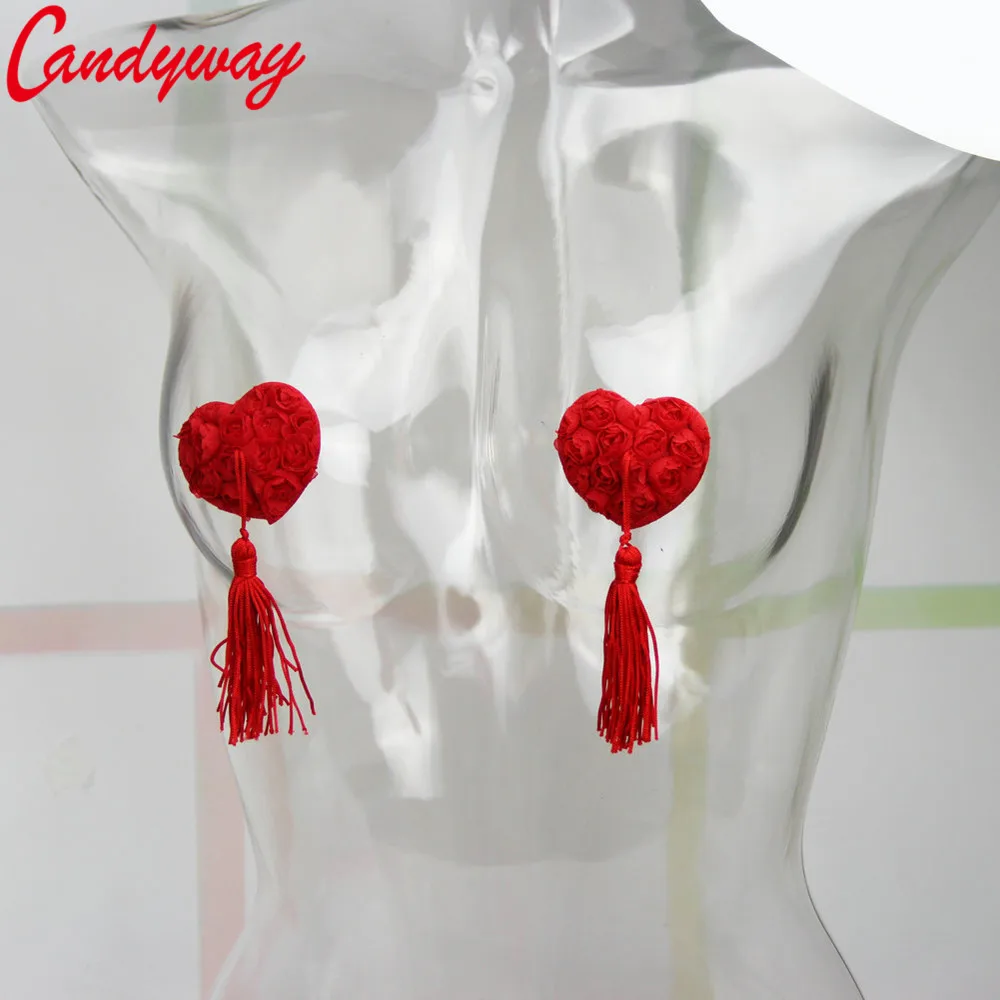 

1 Pair Milk Paste Red Pink Balck Women Tassel Flower Heart Shape Paste Breast Bra Nipple Cover Adhesive erotic lingerie Stickers