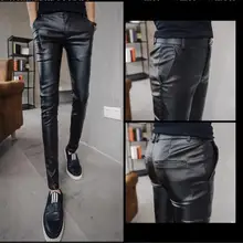 Модные кожаные брюки новые мужские корейской версии тонкие ноги брюки мужские мотоциклетные кожаные брюки