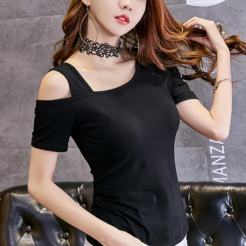 Camiseta de Mujer estilo coreano con hombros descubiertos para Mujer camiseta de Mujer Verano 2018 con cremallera Mujer camiseta negra Camiseta de Mujer estilo coreano con hombros descubiertos para Mujer camiseta de Mujer Verano 2018 con cremallera Mujer camiseta negra