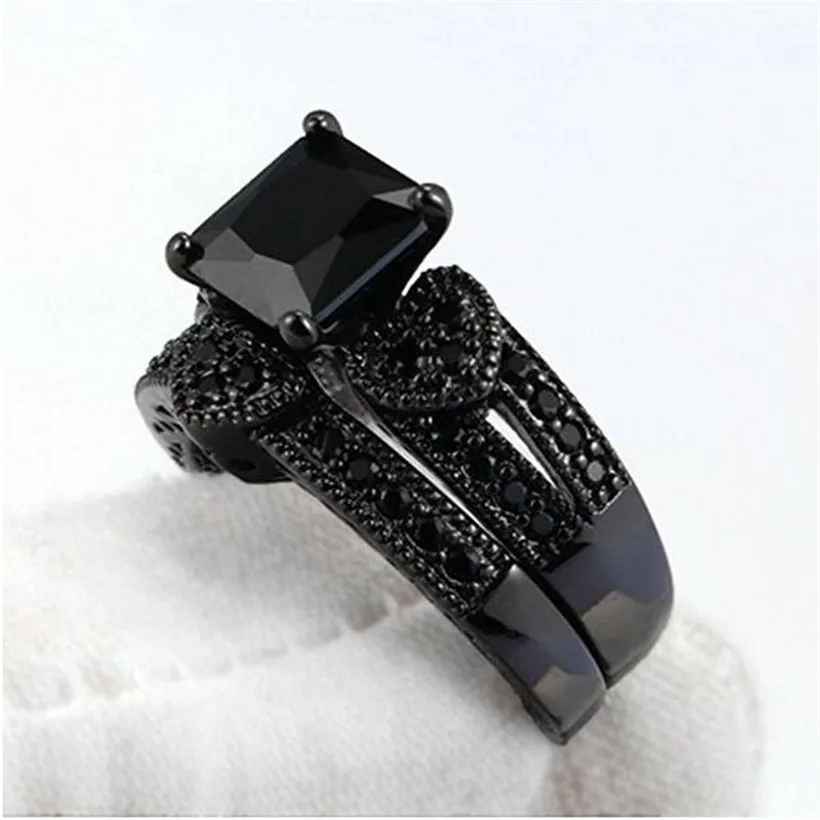 Модные кольца с тремя сердечками и искусственным бриллиантом, наборы, CZ ювелирные изделия, вечное 10 к Черное золото, обручальное кольцо для женщин, размер 5-10
