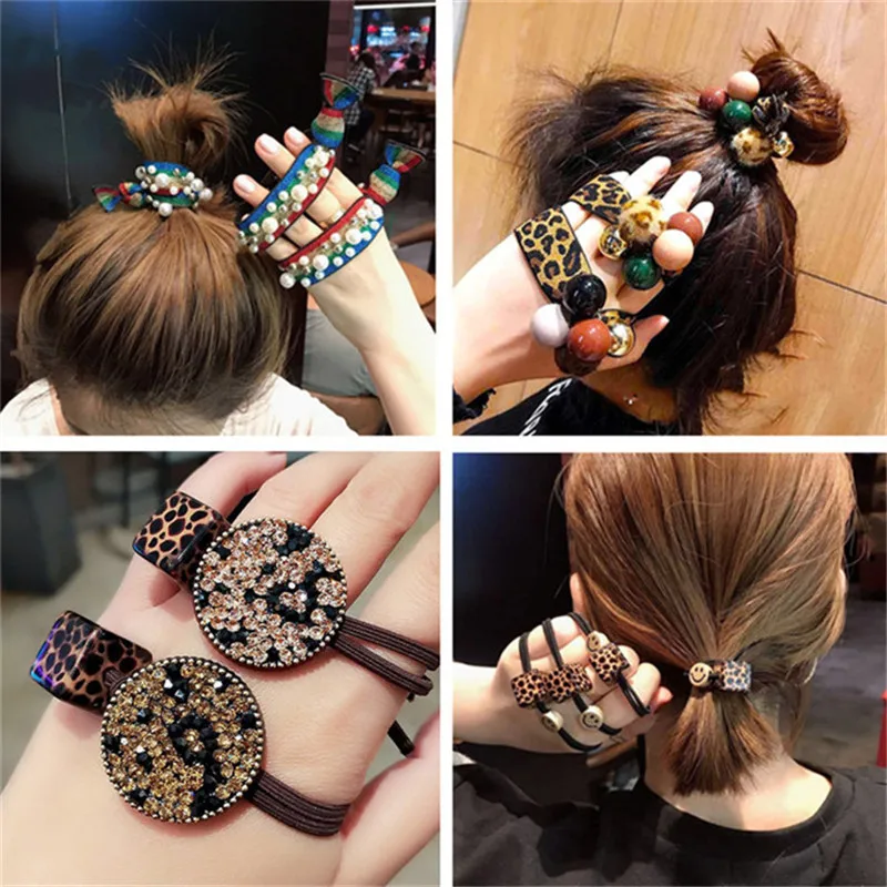 

Korean Women Elastic Hair Rope Leopard Pearl Hair Rubber for Ladies Stretchy Rainbow Hair Band Headdress Hair Accessories 1PCS!!
