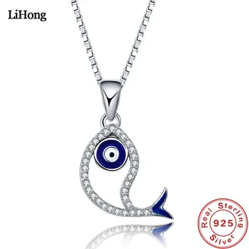 

New Design Jewelry Evil Eyes Small Fish Pendant 925 Sterling Silver Chain Necklace Women's Zircon Eyes Pendant Necklace