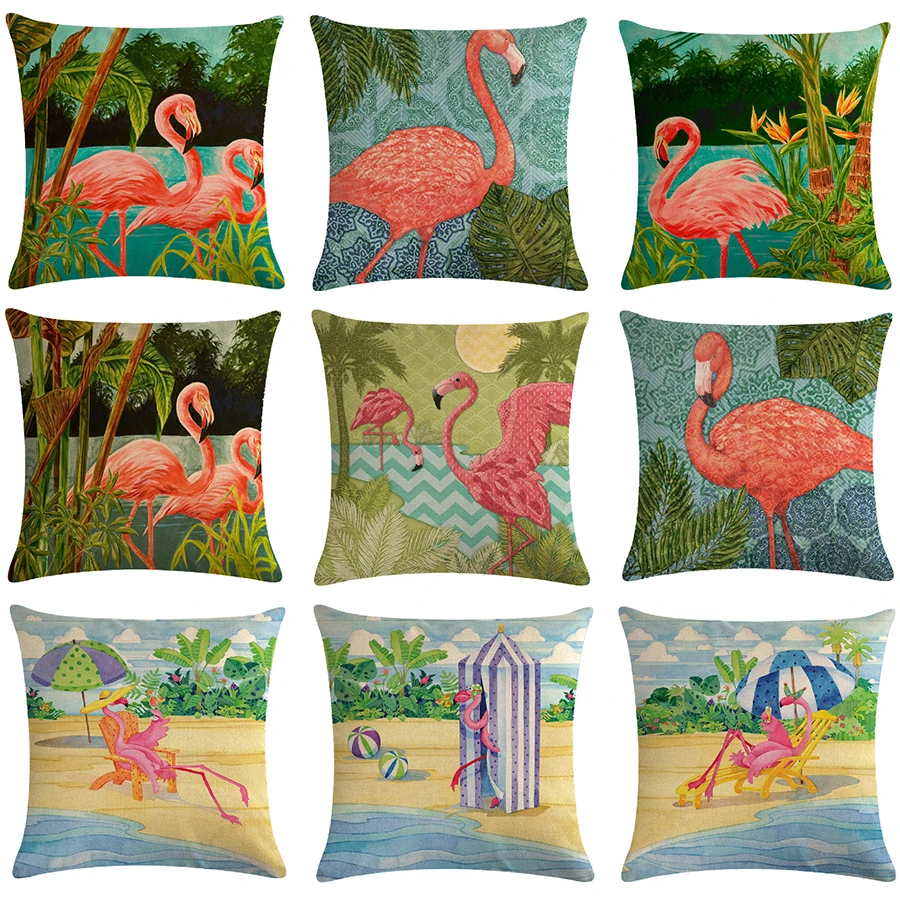 

Cartoon Flamingo Bird Pink Cushion Cover Green Tropical Plants Print Linen Pillow Case Mediterranean Decorative Car Home Room