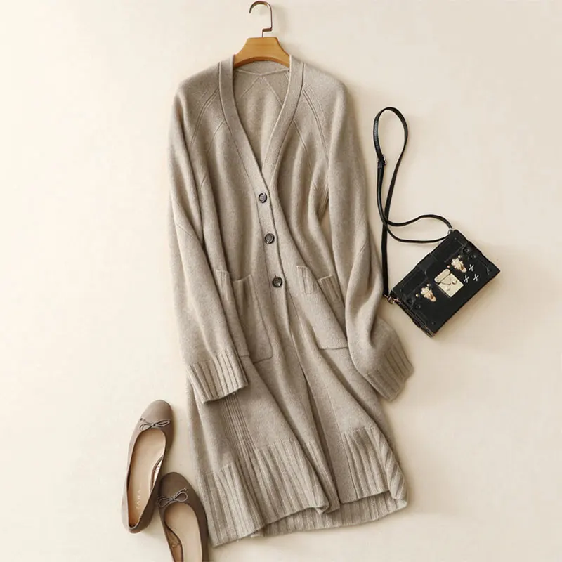 2018 Newest Women’s Long Cardigan Sweaters Cashmere Long Sleeves Solid Color V-neck 100% Cashmere Cardigan Sweaters For Women