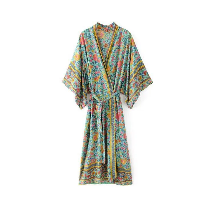 

Women Bohemian V-Neck Floral Print Dress Sexy Flare Sleeve Sashes Split Long Beach Dress Party Summer Dresses