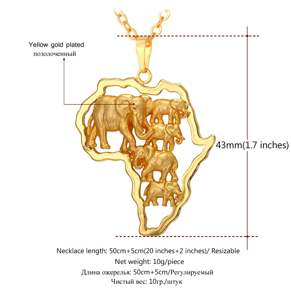 U7 Позолоченные Африка Слон Подвеска С Цепочкой Для Мужчин Африканская Карта Кулон Ожерелье Животное Ювелирные P773