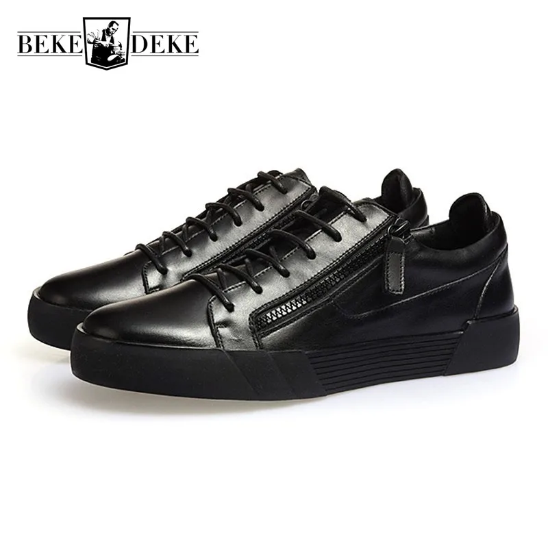 

Men Zipper Black Punk Shoes Genuine Leather Students Casual Flats Shoes Euro Fashion Lace Up Breathable Streetwear Man Footwear