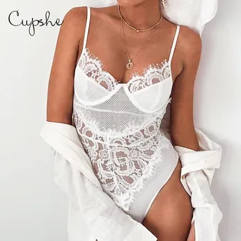 

CUPSHE Solid Color Lace Mesh One Piece Lingerie Wireless Sexy Bodysuit Women V neck Brassiere Teddy Intimate Bralette Underwear
