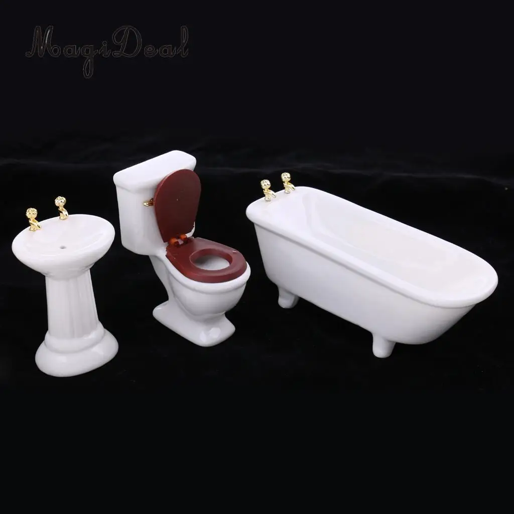 3Pcs/Set 1/12 Scale Modern White Ceramic Bathroom Bathtub Toilet Set for Dollhouse Miniature Furniture Acc Decoration