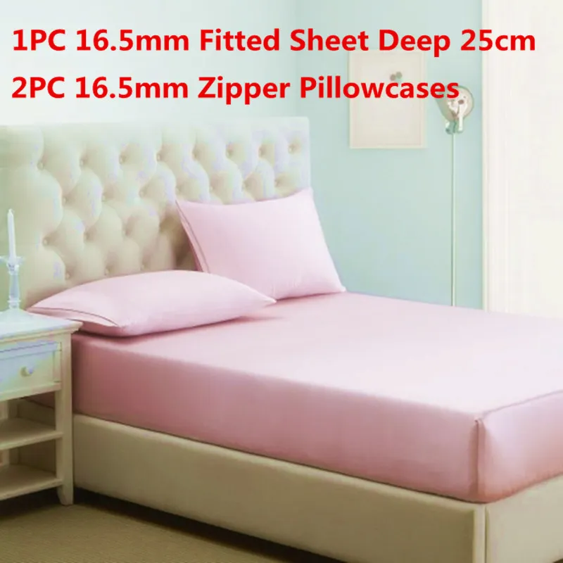 

100% Mulberry Silk Bedding Sets 3PCS Silk Fitted Sheet Deep 25cm&Zipper Pillowcase Stain Silk Sheet Sets Multi Size High Quality
