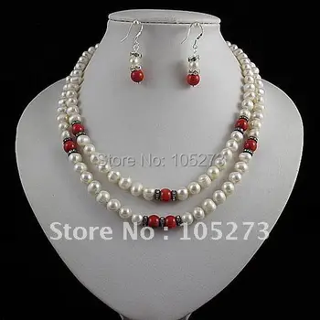 

Stunning!jewelry set AA 7-8mm red coral Genuine freshwater pearl necklace earring Hot sale woman's jewelry free shipping A2406
