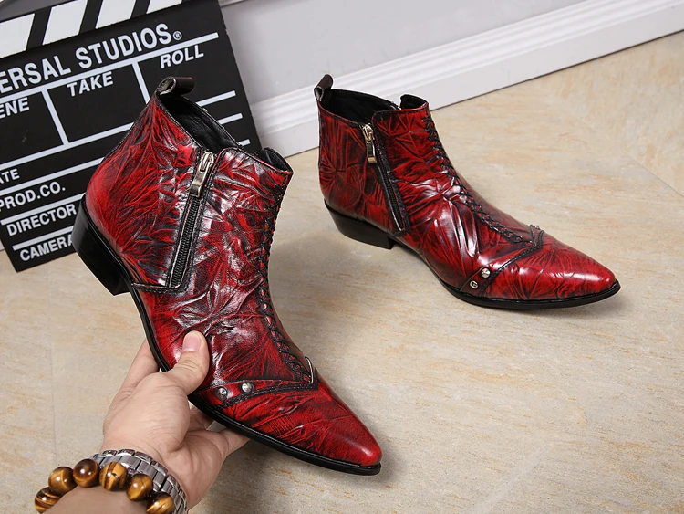 Décontracté Black De Coudre Tendance Partie Gaufré Rétro red Hommes À Cuir Chaussures Pour Bottes Bottines Cowboy Westorn Travail Chelase Mode EYH92IWD