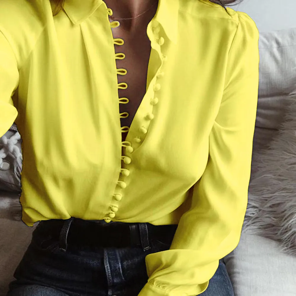 Женская модная повседневная однотонная блузка с длинным рукавом, рубашка с отворотом, блузка, рубашка, женская рубашка с отложным воротником, обычные блузы, летние рубашки - Цвет: Yellow