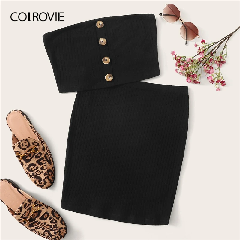 

COLROVIE Black Button Front Bandeau Top And Bodycon Skirt Women Boho Two Piece Set 2019 Summer Skinny Sexy 2 Piece Outfits