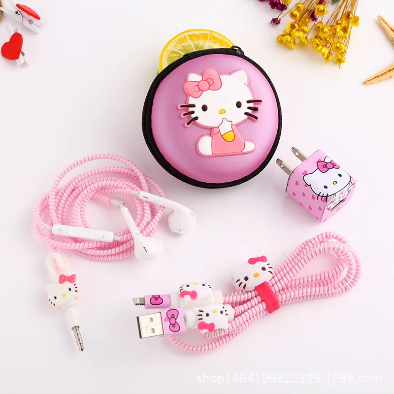 Милый мультфильм USB кабель наушники протектор набор с кабелем Стикеры для намотки Спиральный шнур протектор для iphone 5 6 6s 7plus - Цвет: Pink KT