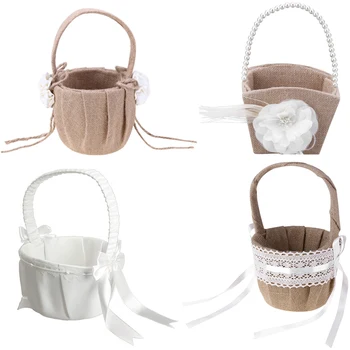 

Wedding Flower Girl Basket Jute Burlap Lace Rustic Flower Basket for Wedding Decoration Storage Basket Ornaments