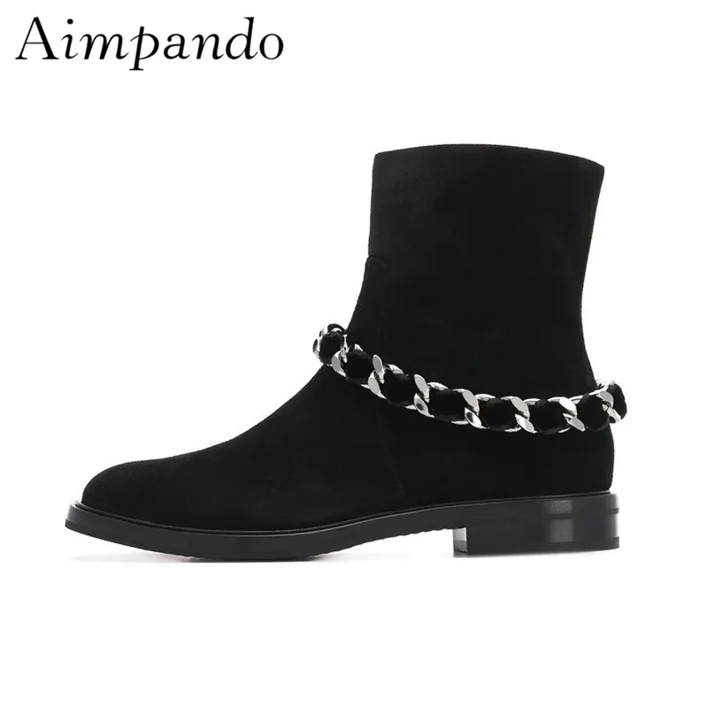 

Black Suede Ankle Boots Women Autumn Winter Square Low Heel Round Toe Chained Short Booties Fashion Martin Boots