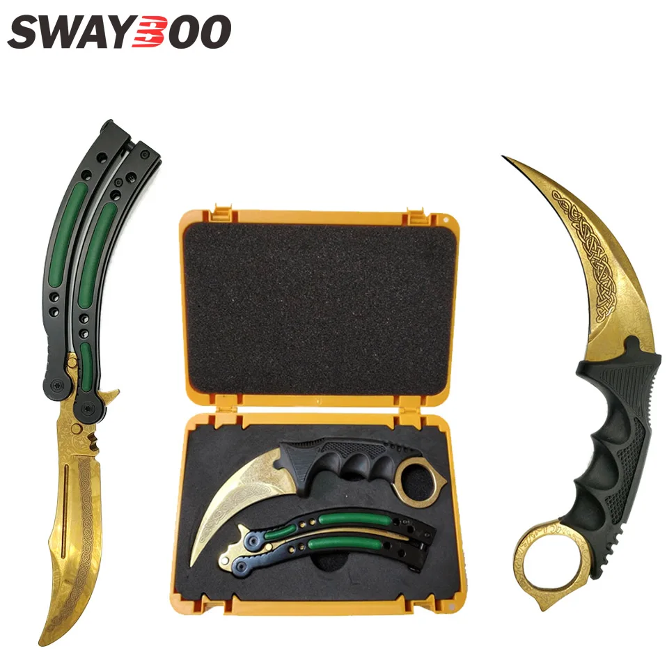 Baratos Juego de cuchillos de juego Swayboo Csgo Karambit + cuchillo de entrenamiento + bolsa de Nylon + destornillador + caja mate sin filo recipiente de plástico estuche de armas