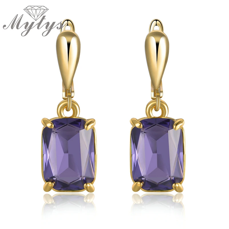 

Mytys Purple Crystal Drop Earring for Women Colorful Crystal Dangle Earring New Arrival Square Prong Setting Crystal CE233 CE234