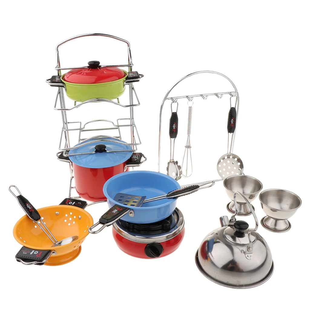 

18pcs Stainless Steel Kitchen Playset - Cooking Utensils Cookware Play Pots Pans Chef Role Pretend Developmental Toys Gift