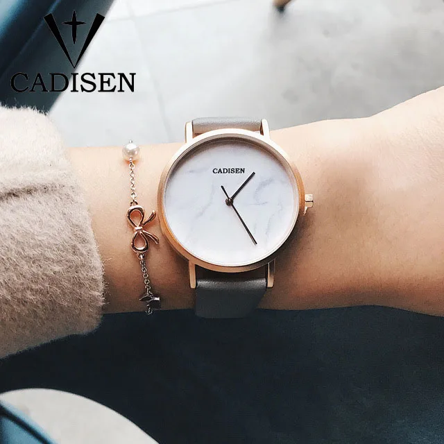 

CADISEN Luxury Brand Fashion Ladies Watches Leather Female Quartz Watch Women Dress Wristwatch Marble Dial Relogio Feminino+Box