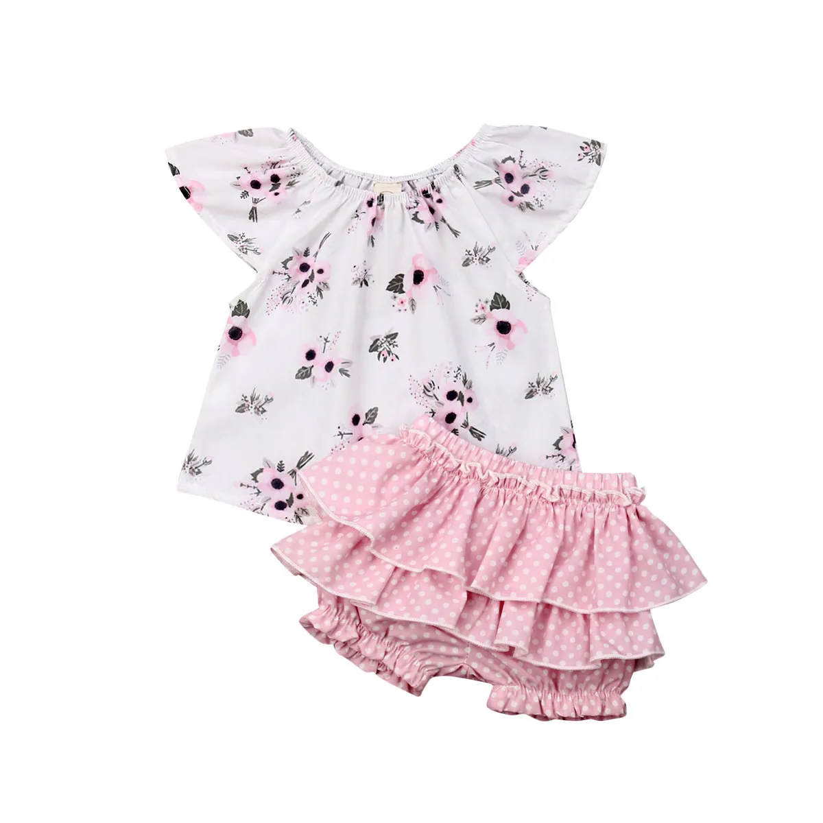 

0-18M Summer Cute Baby Girls Flower Print Clothes Sets Short Sleeve Tops Ruffle Tutu Shorts Pants Sets