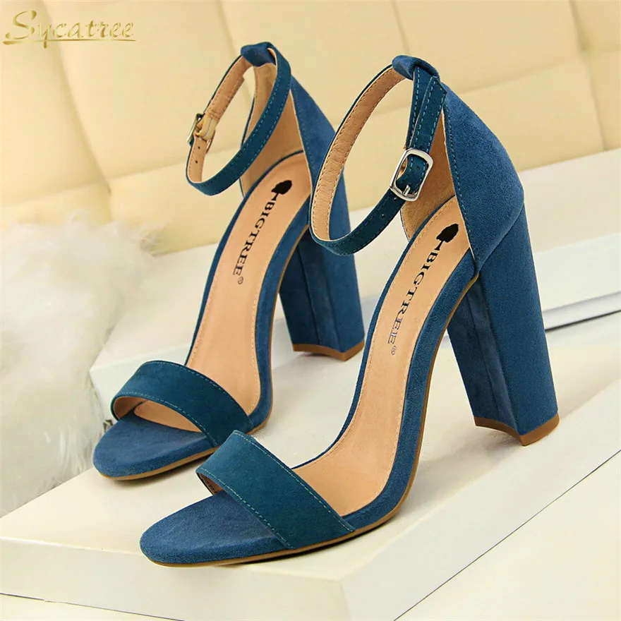

Sycatree 8 Colors Women High Heels Sandals New Concise Solid Flock/PU Open Toe Buckle Sexy Women's Party Sandal Summer Shoes