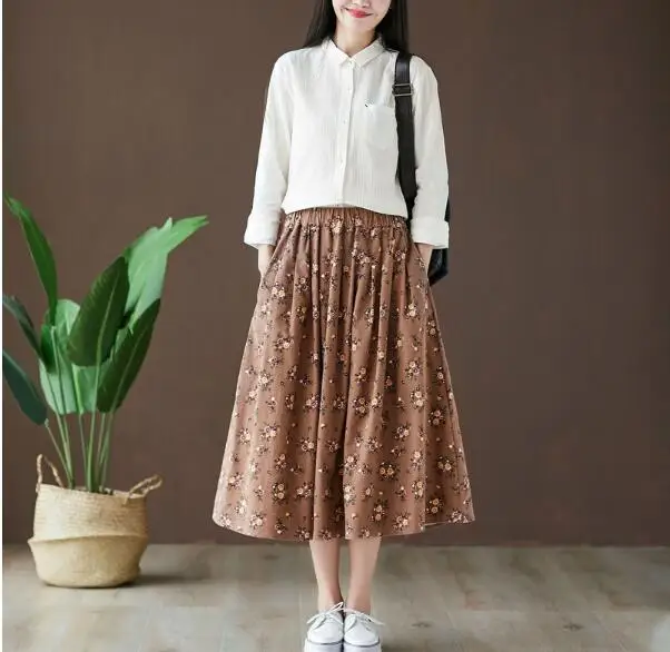 Винтажная хлопковая юбка трапециевидной формы с цветочным принтом saia Женская Осенняя - Цвет: Коричневый