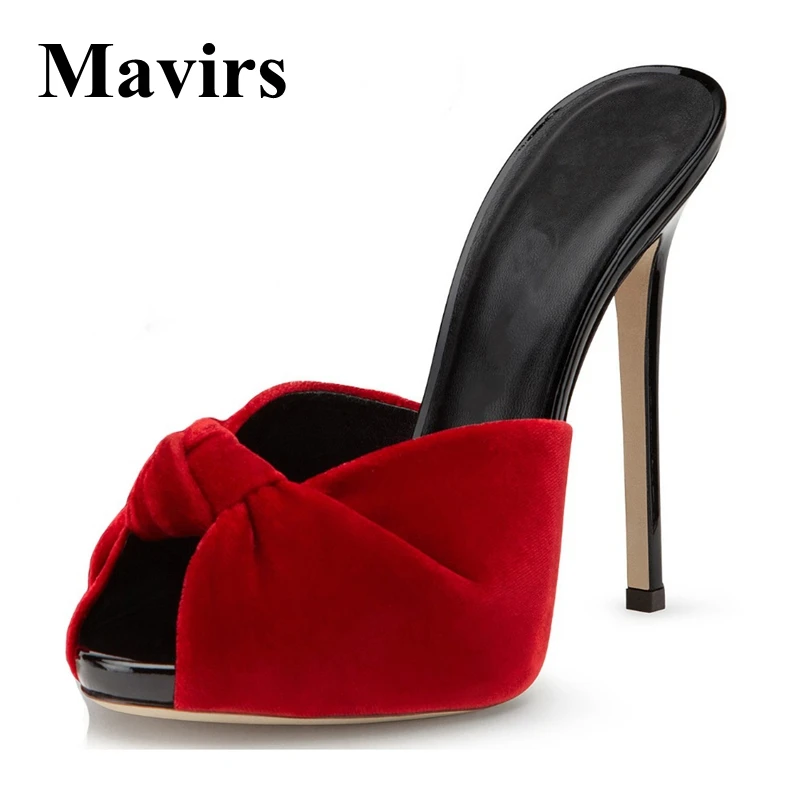 

MAVIRS Brand Platform High Heels Mules 2018 Spring Peep Toe Velvet Bow Stiletto Red Black Nude Women Pumps Shoes EU Size 34-46