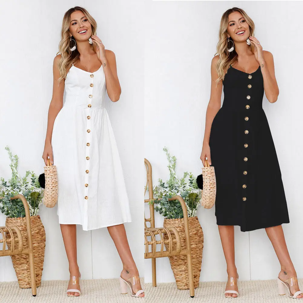 

Fashion Casual Women Ladies Dresses Summer Sleeveless Boho Long Maxi Dresses Evening Party Dress Beach Sundress Black White