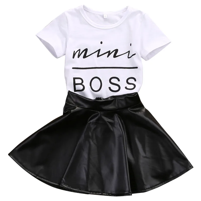 

Mini Boss Baby Girls Clothes Sets Cotton Short Sleeve Tops T-Shirt + Pleated Leather Skirt Fashion Summer 2pcs Children Sets