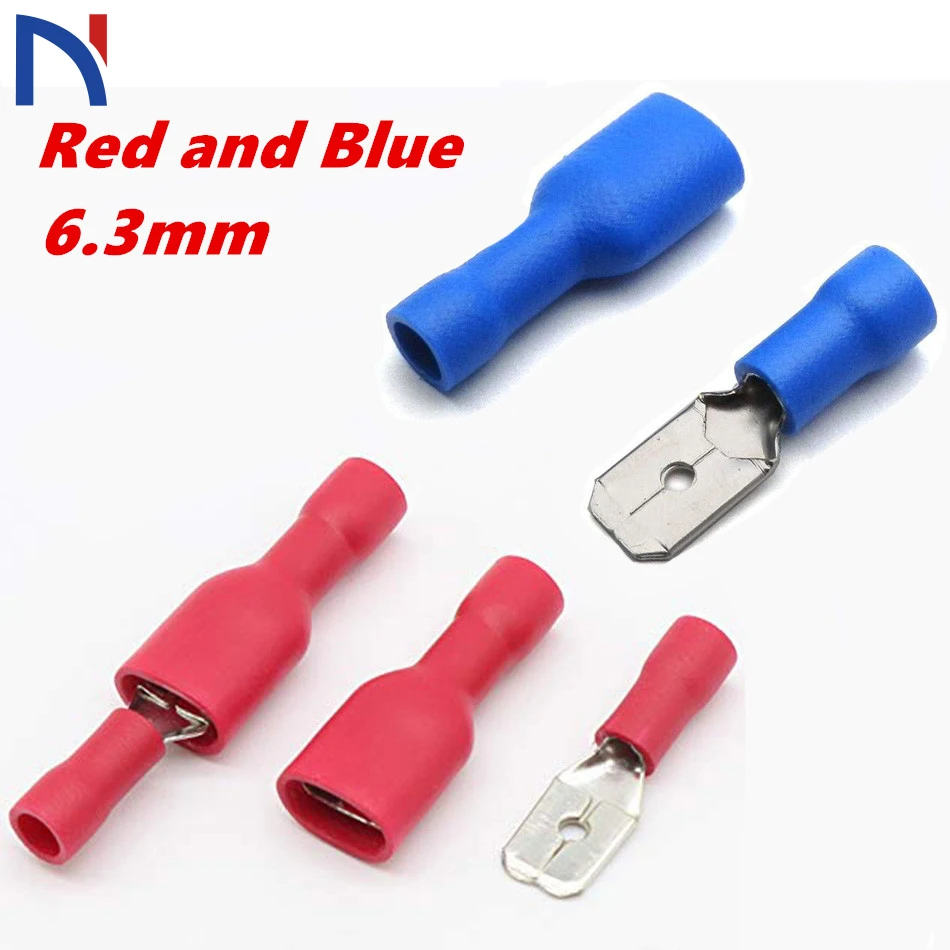 

100pcs 50pairs 6.3mm 16-14AWG Female Male Electrical Wiring Connector Insulated Crimp Terminal Spade Blue Red FDFD2-250 MDD2-250
