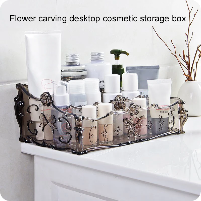 

Stationary Makeup Organizer Transparent Plastic Bedroom Jewellery Home Storage Desktop Flower Carving Cosmetic Holder Household
