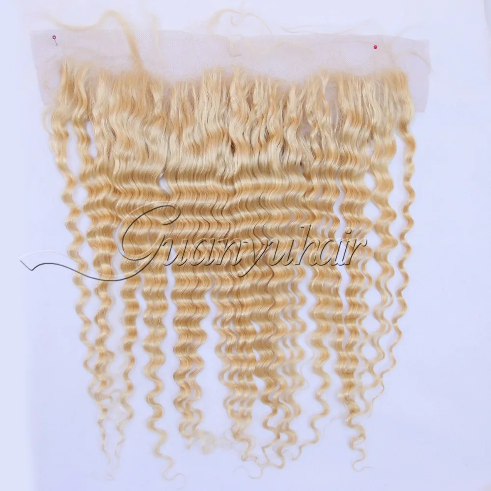 Guanyuhair блондинка глубокая волна Связки с фронтальной закрытие 13X4 613 блондинка вьющихся волос, плетение индийский Реми натуральные волосы с ребенком волос
