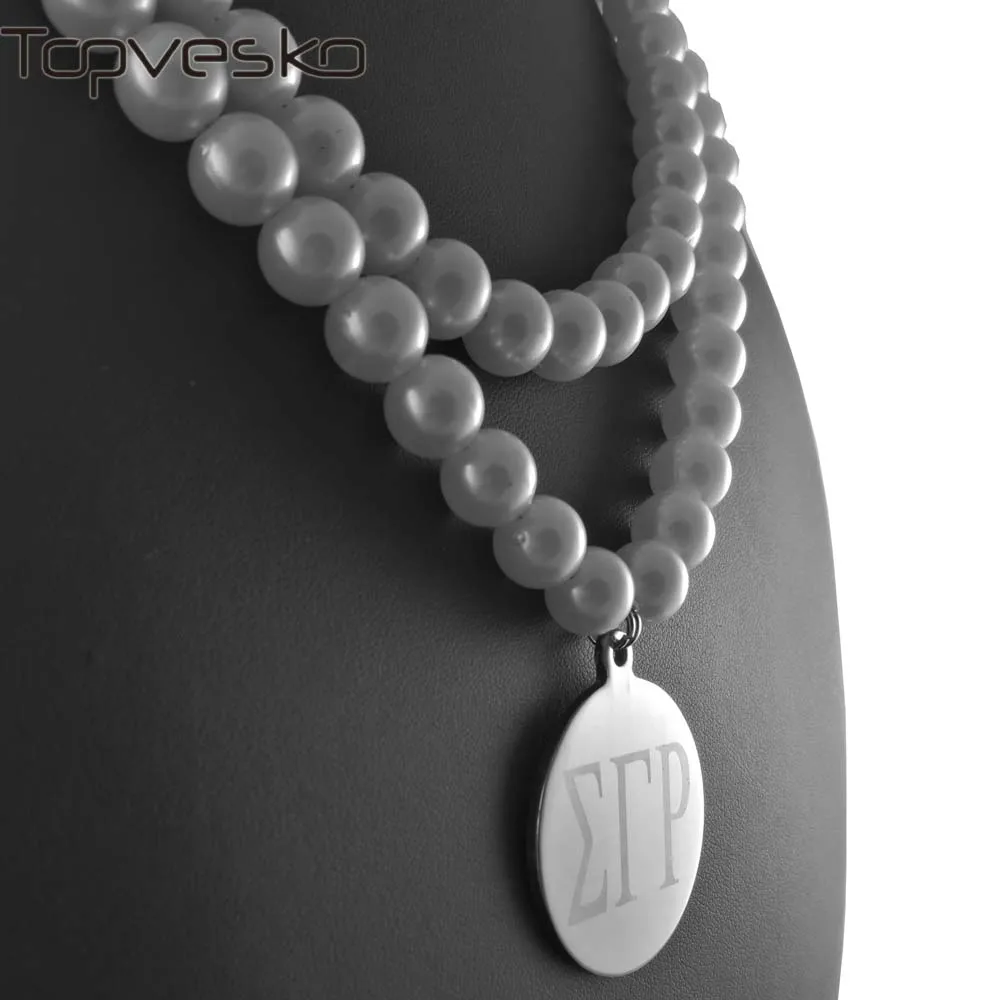 

Greece Greek Rho Sorority Customize Pendant Round Stainless Steel SGR Double Strand Pearl Necklace