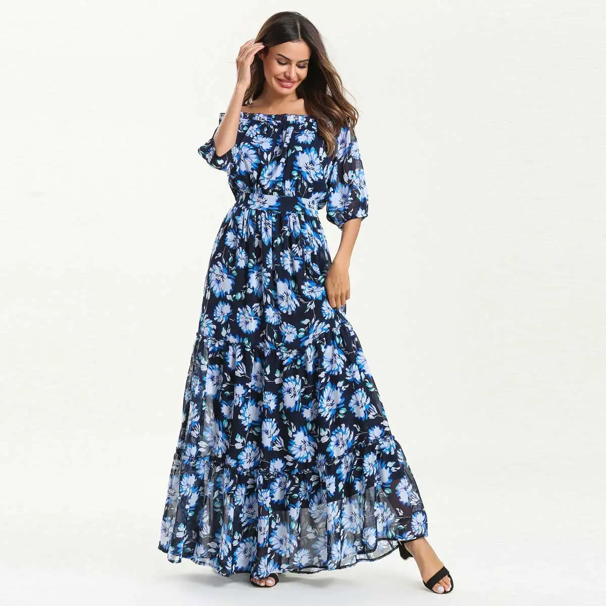 

2019 Summer Slash Neck Printed Bohemian Maxi Dress Lining Inside Lace Up Muslim Abaya Islamic Dubai Arabic Morocco Robe VKDR1546