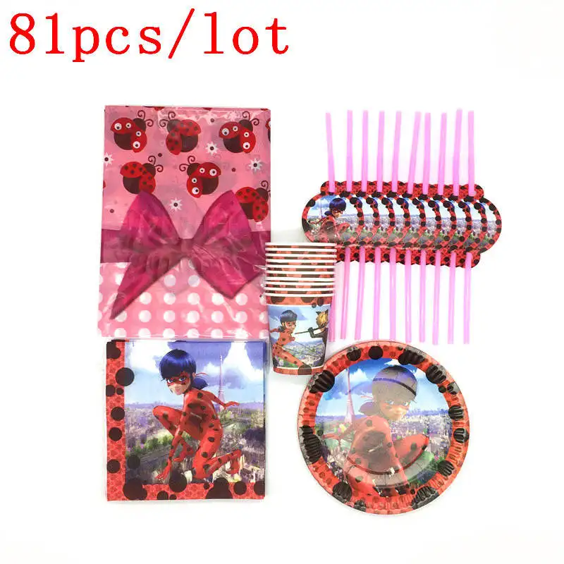 

81pcs/lot Ladybug Theme Birthday Party Decorations Cup Napkin Paper Tablecloth Disposable Tableware Sets Kids Party Supplies
