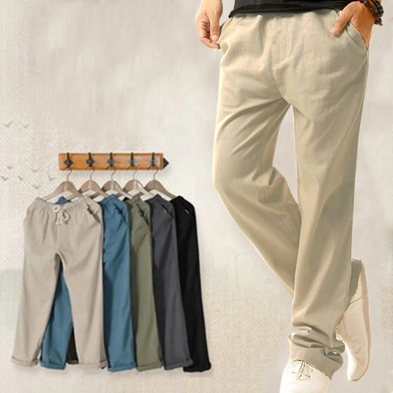 

Men Summer Cotton Linen Casual Pants Solid Thin Fitness Sweatpants Straight Trousers Plus Size 5XL SSA-19ING