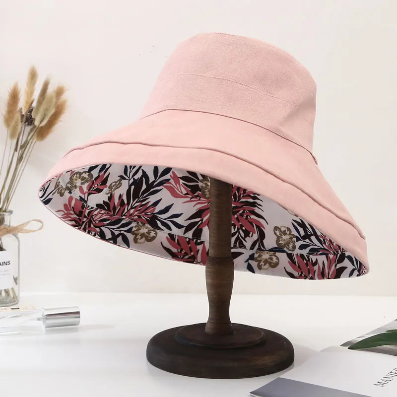 Pink And Print Анти-УФ Летняя женская солнцезащитная Кепка с широким пляжный навес Кепка из хлопка и льна реверсивная женская складная шляпа Женская Весенняя Панама - Цвет: Pink And Print
