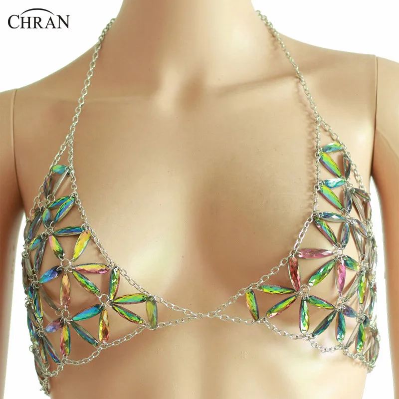 

Chran Rainbow Sequin Chain Bra Sexy Mesh Chain Halter Harness Festival Costume