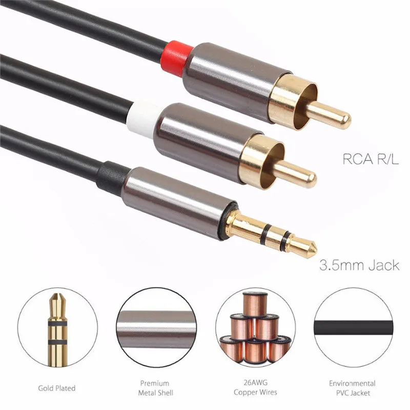 

1pc Black And White RCA Cable Jack 1M 3.5mm Male Jack To 2 RCA Male AUX Stereo Analog Audio Y Adapter Cable Cord 1M Long