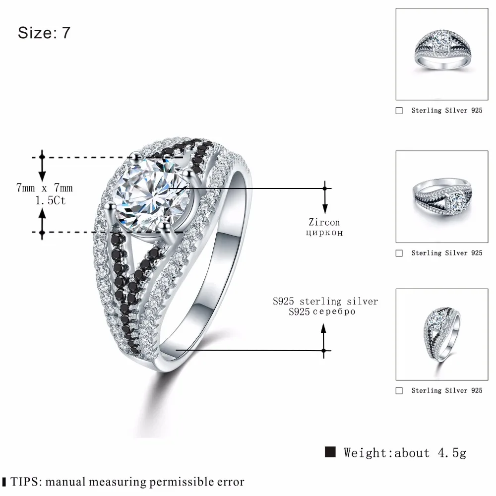 [Черный ость] 4,5 г 925 пробы Серебряные ювелирные изделия обручальные кольца для женский, черный и белый камень Обручение кольцо Femme Bijoux Bague c411