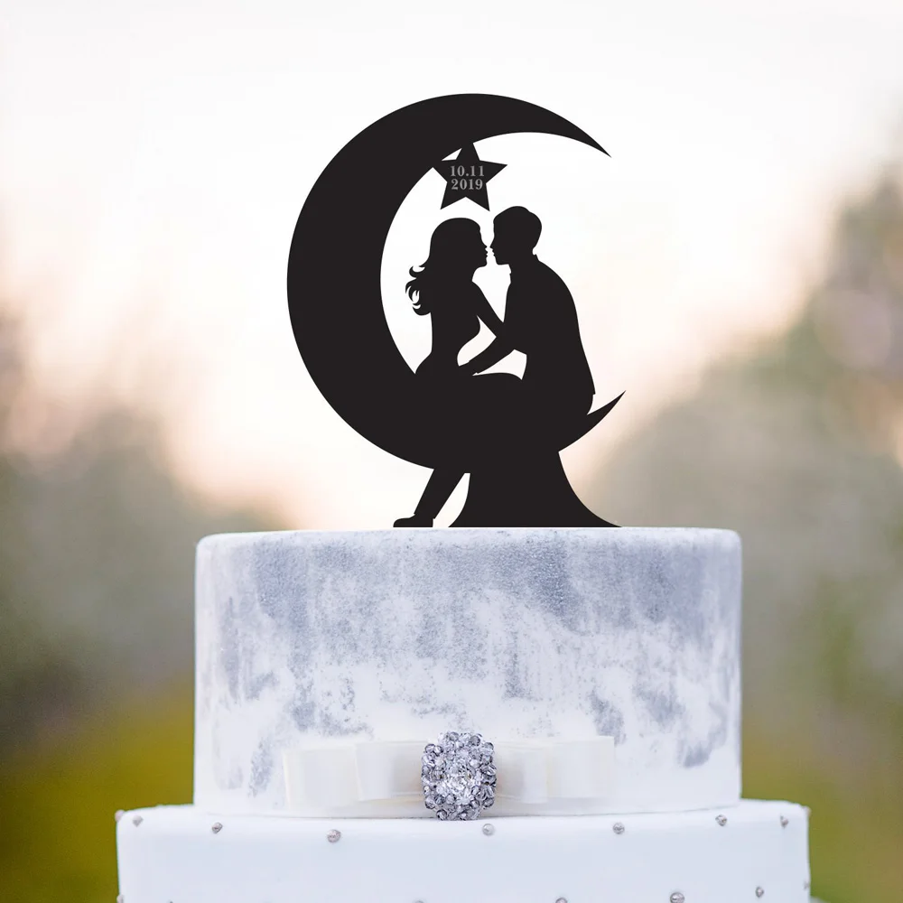 

Moon wedding cake topper, Bride and Groom with date silhouette cake topper,Mr and Mrs Wedding Decor Supplies,unique topper