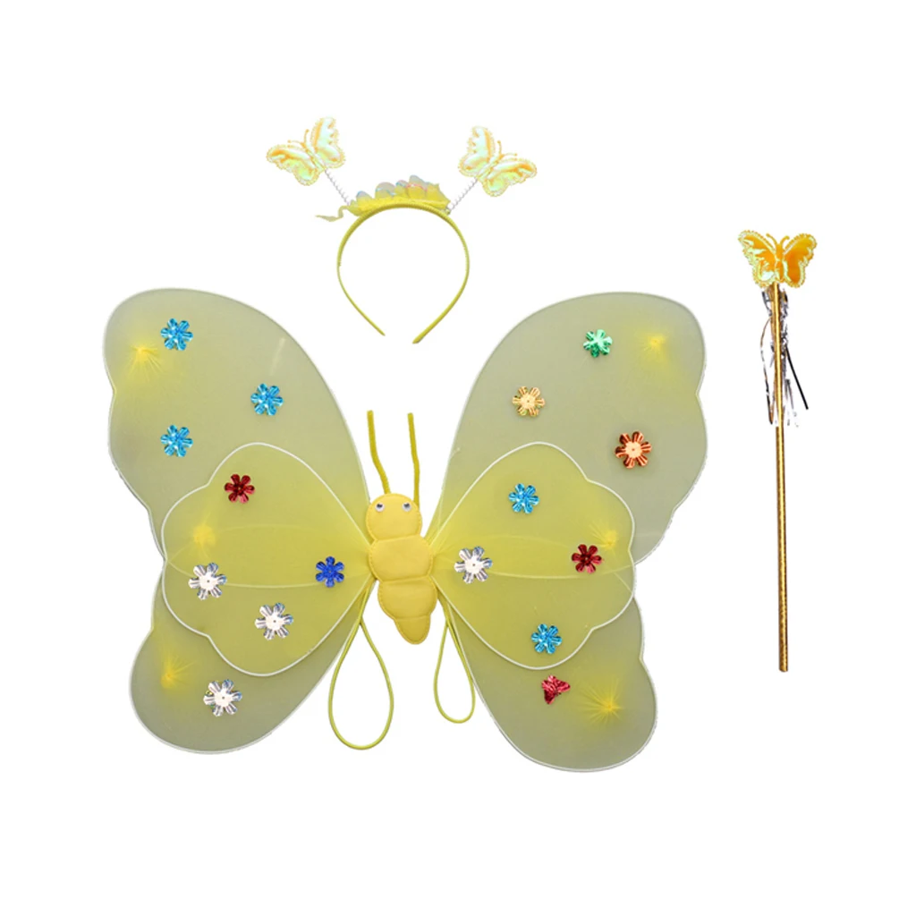 3 x Kids girls Fairy Princess Costume Sets Colorful Stage Wear Butterfly Wings Wand Headband Tutu Skirt Accessory Multi Color 