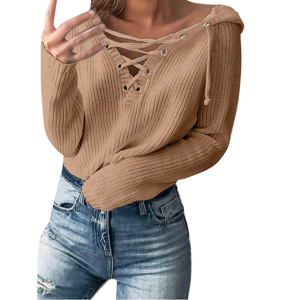 

2018 Autumn Winter Sweater Women Knitting Pullovers Baggy Lace Up Coat Chunky Knitted Oversized Hooded Sweater Jumper