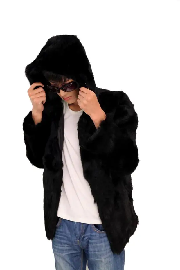 

2016 New arrival autumn winter fur coats men black whole skin natural rabbit coat outerwear with hooded free shipping g8165
