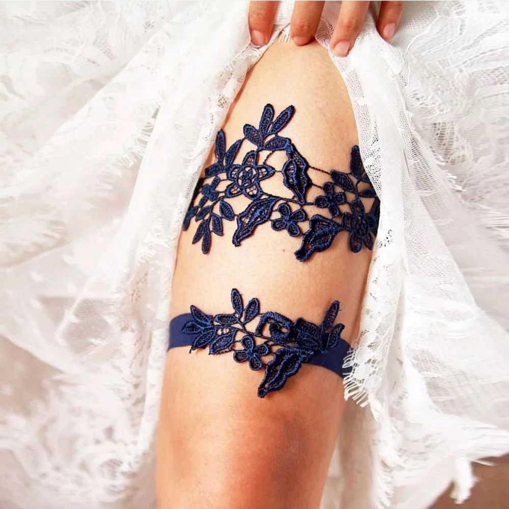 2 шт белые темно-синие свадебные подвязки с цветочной вышивкой сексуальные подвязки для женщин/невесты облегающее кольцо Свадебная подвязка для ног