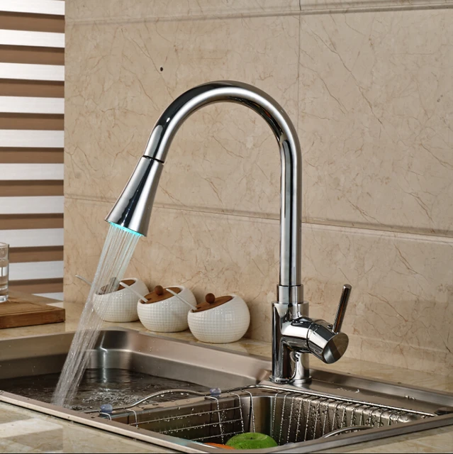 Special Price LED Light Deck Mount Single Handle Pull Out Sprayer Kitchen Faucet Brass One Hole Mixer Tap with Hot and Cold Water