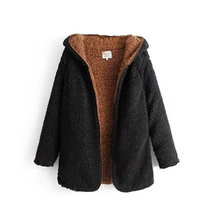 Winter Sherpa Cardigan Sweater Teddy Fleece Faux Fur Coat Double-sided Wear Hooded Tops Oversized Women Sweaters